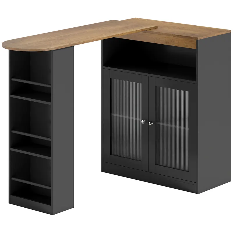 HOMCOM Masă de Bar Extensibilă și Rotativă 90° cu Rafturi Deschise și 2 Uși din Sticlă 150x80x105,5 cm Negru și Natural | Romania