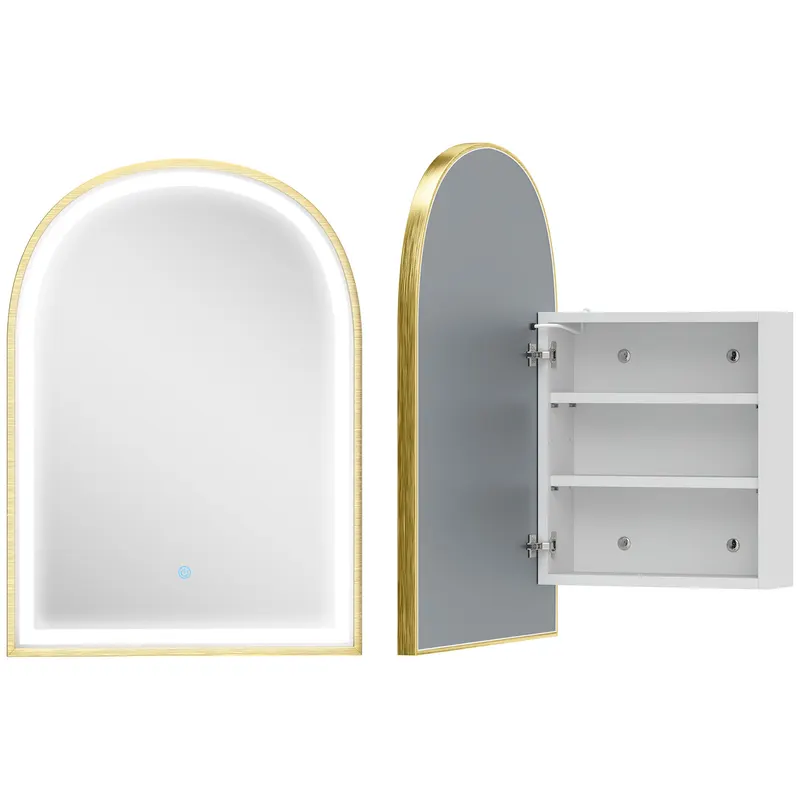 HOMCOM Dulap de perete pentru baie cu oglindă și iluminare LED, ușă arcuită, anti-abur, 50x14,5x70cm, auriu | Romania