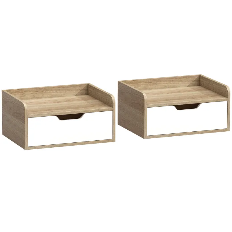 HOMCOM Set de 2 noptiere murale, noptiere cu sertar și blat cu margini ridicate, 40x30x19,5cm, lemn natural | Romania