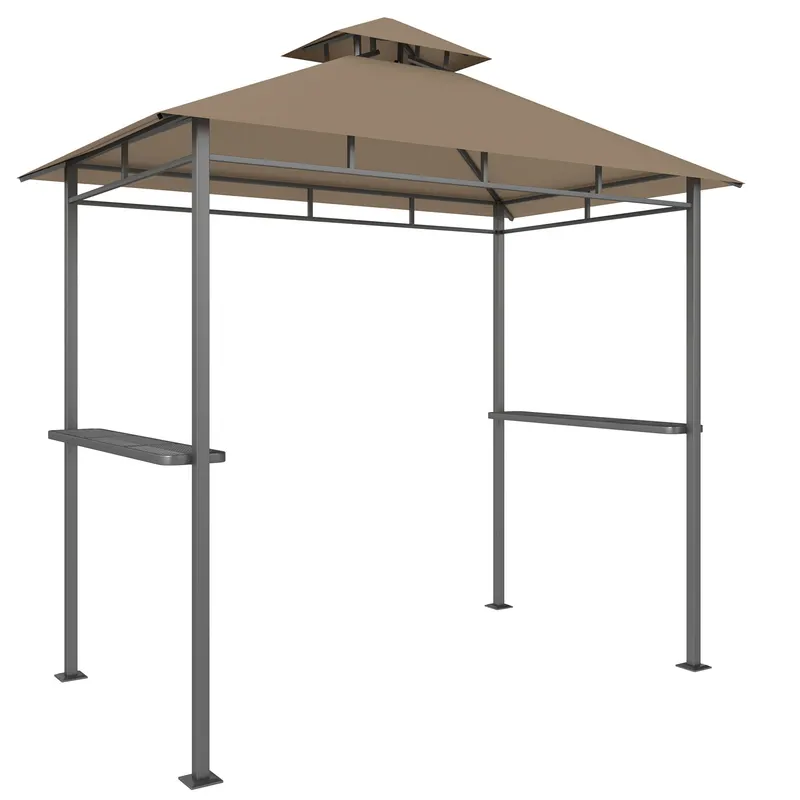 Outsunny Adăpost grătar exterior, cort de grădină 245x146x255cm din metal, acoperiș dublu, 2 rafturi laterale, Maro | Romania