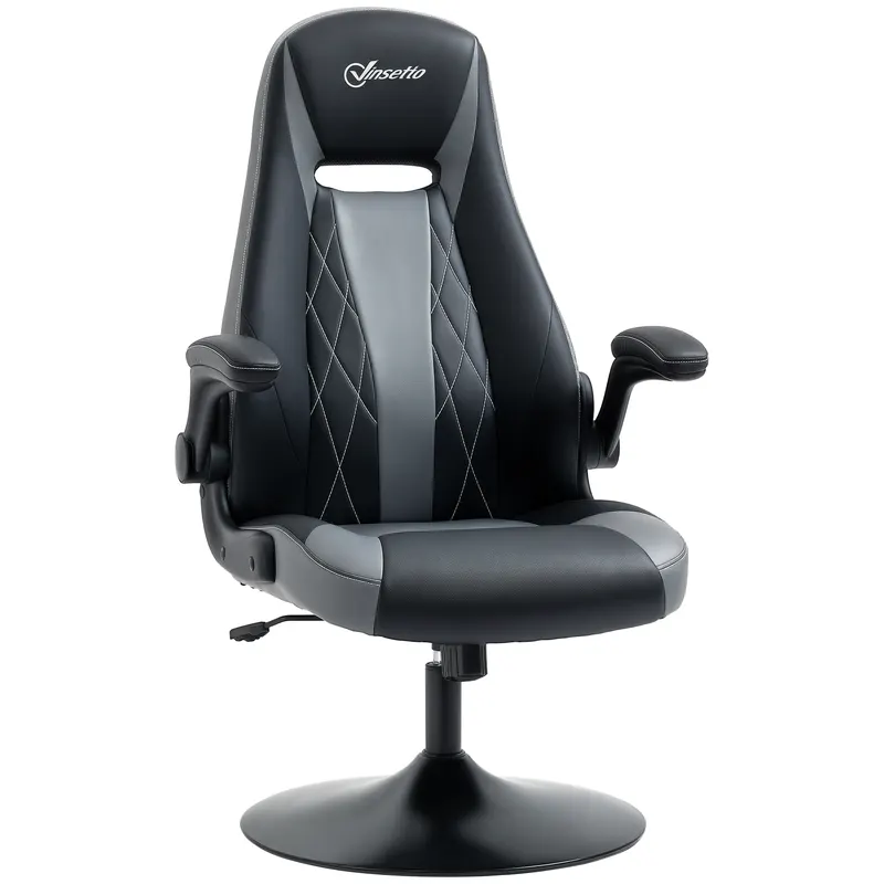 Vinsetto Scaun de gaming ergonomic cu bază rotundă din metal pivotantă 360° înălțime reglabilă pernă pentru gât brațe rabatabile PVC gri negru | Romania