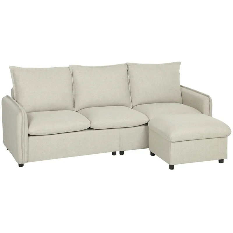 HOMCOM Canapea 3 locuri cu pouf de depozitare, canapea colțar modulară 212 cm, perne cu arcuri, țesătură din in, crem | Romania