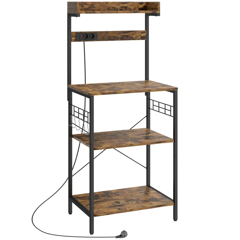 HOMCOM Estantería de Cocina con 2 Tomacorrientes Estante para Microondas Estante Ajustable Ganchos 60x42x137 cm Marrón Rústico | Romania