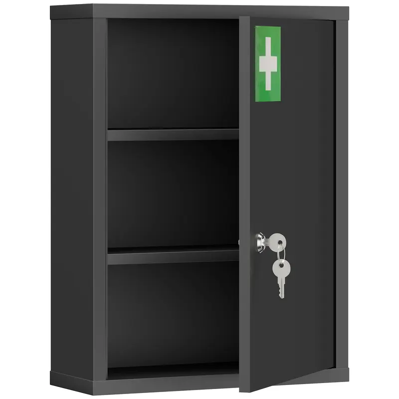 kleankin Dulap pentru medicamente pentru montare pe perete cu încuietoare, dulap de perete din oțel în 3 trepte, 40 x 15 x 53,5 cm, negru | Romania