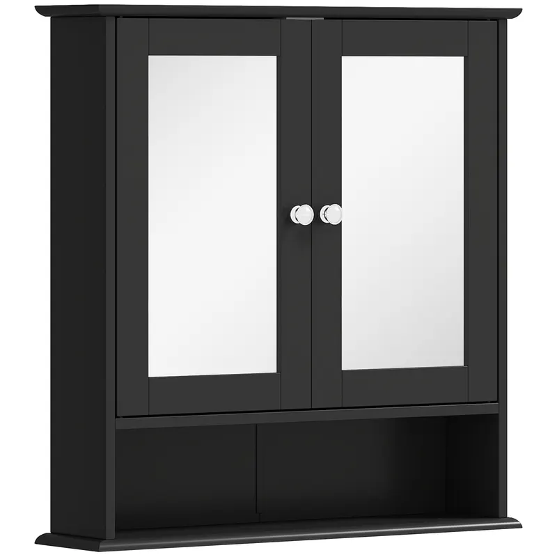 kleankin Dulap de baie cu oglindă Dulap de perete cu 2 uși Raft deschis Raft reglabil 56x13x58cm Negru | Romania