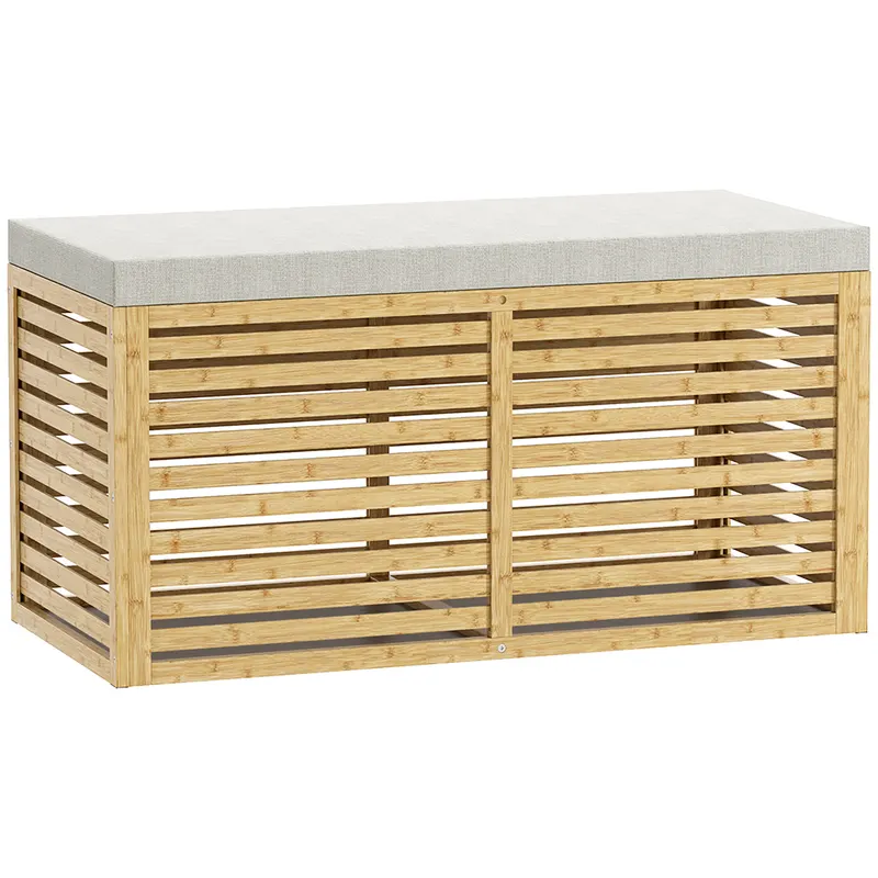 HOMCOM Bancă de depozitare, cufăr tapițat din material cu aspect de in, capac și structură din bambus, gri și lemn natural | Romania