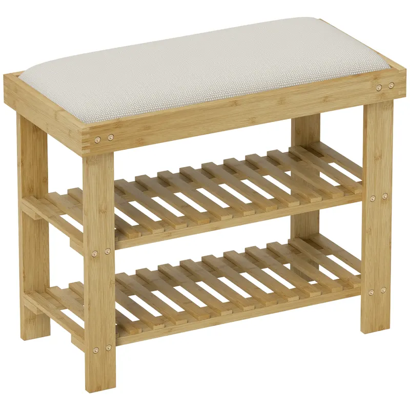 HOMCOM Bancă pentru încălțăminte din bambus, etajeră pentru încălțăminte cu 3 niveluri, stil scandinav, 60 x 29 x 49 cm, crem și lemn natural | Romania