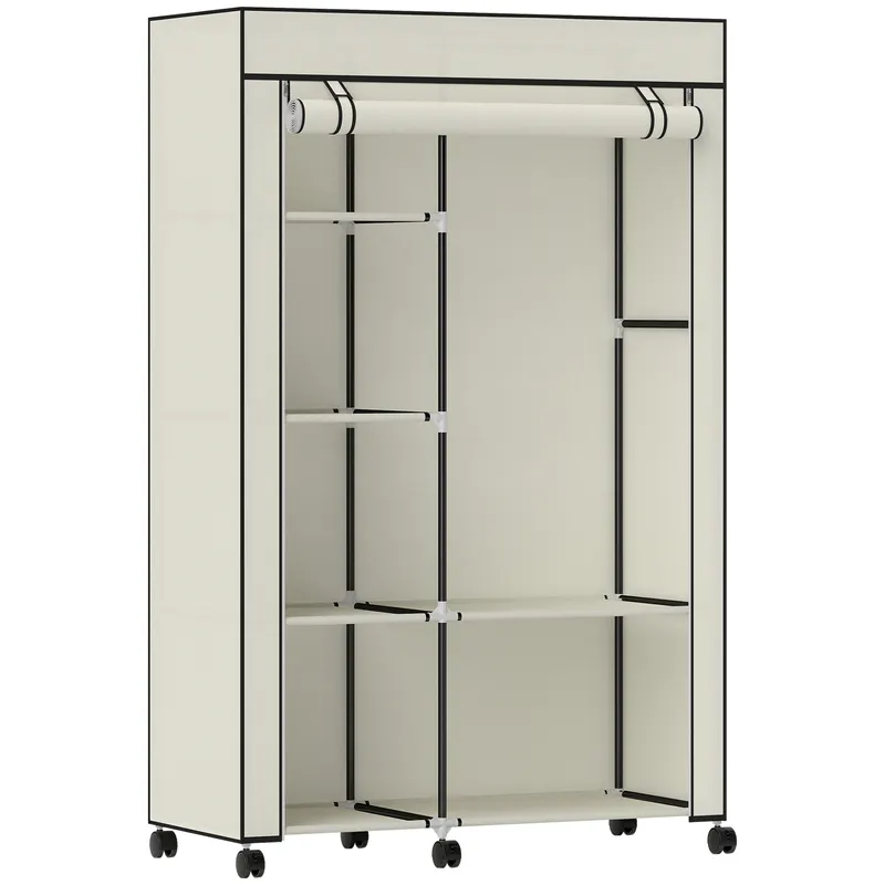 HOMCOM Dulap textil pentru haine mobilier de depozitare 6 roți bară de agățat și rafturi deschise 103x43x162,5cm crem | Romania