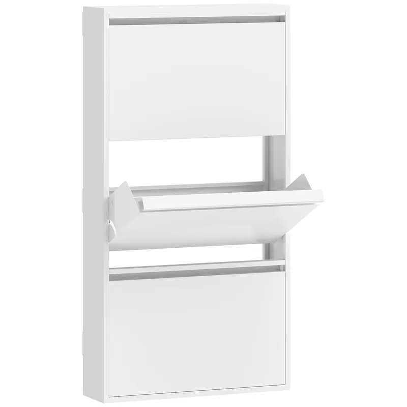 HOMCOM Dulap pantofi metalic cu 3 compartimente rabatabile, dulap îngust, montare pe perete, pentru 6 perechi, Alb | Romania