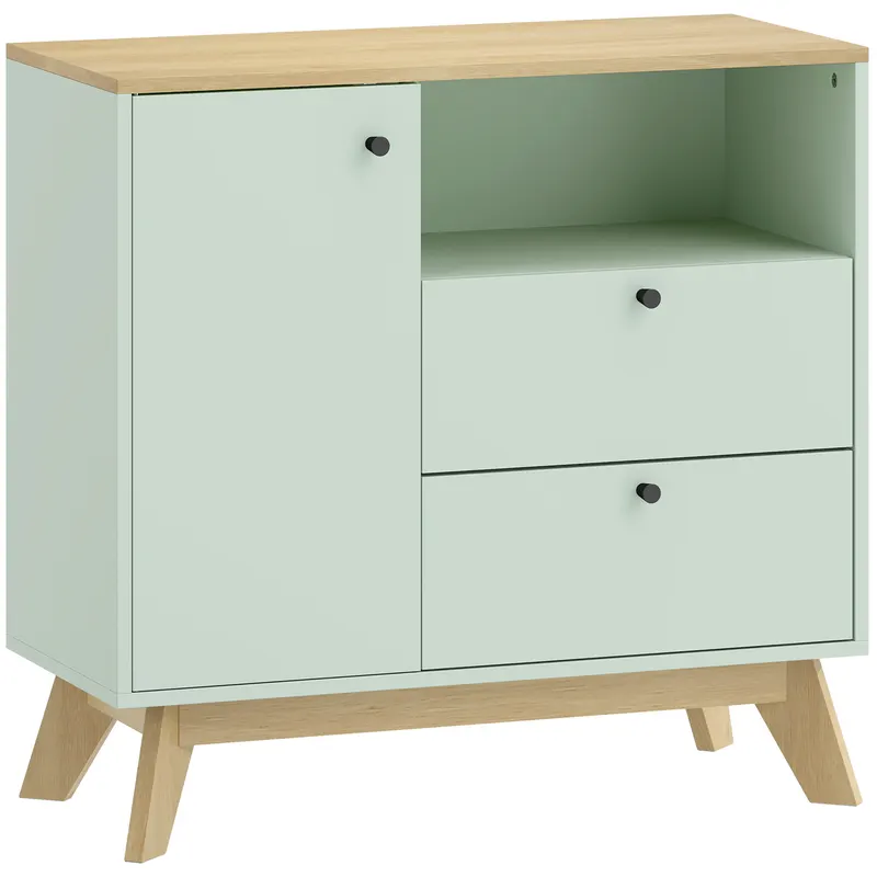HOMCOM Bufet pentru living, mobilier de depozitare cu ușă, 2 sertare, compartiment deschis și raft reglabil, verde deschis și stejar | Romania
