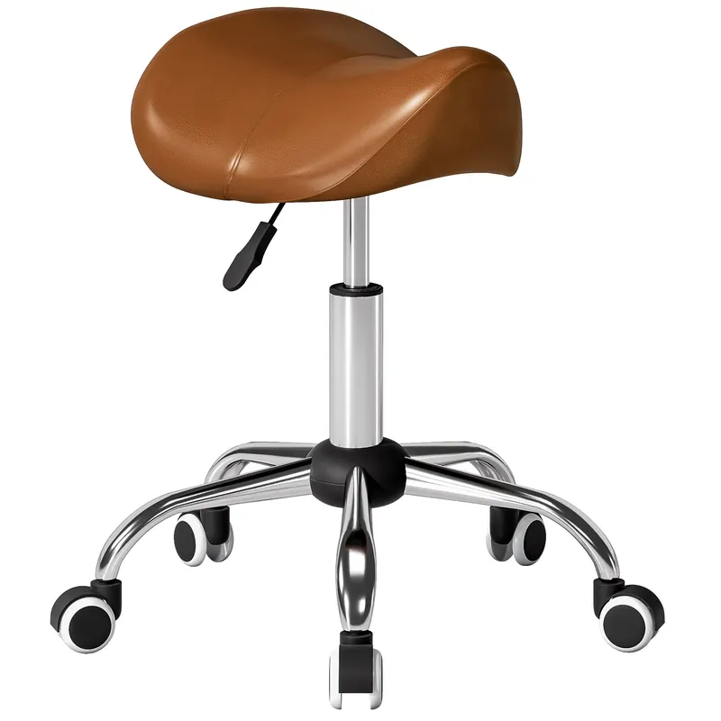 HOMCOM Taburet cu roți, scaun de lucru cu înălțime reglabilă 49-61 cm și șa ergonomică, 52x53x49-61cm, maro | Romania