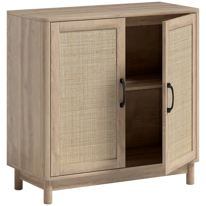 HOMCOM Bufet pentru living, mobilier de depozitare cu 2 uși din ratan, poliță reglabilă și margini rotunjite, 76 x 35 x 75,5 cm, stejar | Romania