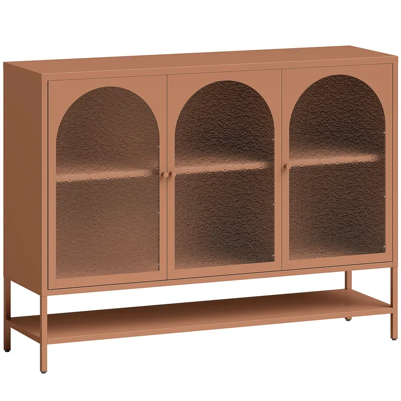 HOMCOM Bufet pentru living, mobilier de depozitare cu 3 uși vitrate arcuite și raft deschis, 140 x 40 x 105 cm, ruginiu | Romania