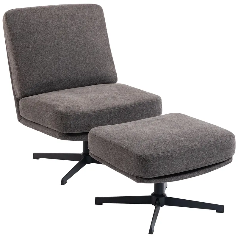 HOMCOM Fotoliu cu taburet rotativ, fotoliu lounge cu aspect de in pentru living, gri închis | Romania