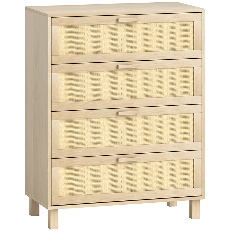HOMCOM Comodă 4 sertare cannage din ratan dim. 80L x 40l x 103H cm MDF Aspect Lemn Deschis | Romania