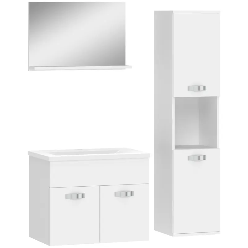 kleankin Set de mobilier pentru baie 4 piese, montat pe perete, cu oglindă, corp sub lavoar, lavoar și coloană înaltă, alb | Romania