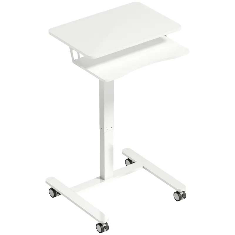 HOMCOM Birou stand reglabil pe înălțime, birou sit-stand mobil cu suport pentru tastatură, roți și cadru din oțel, Alb | Romania