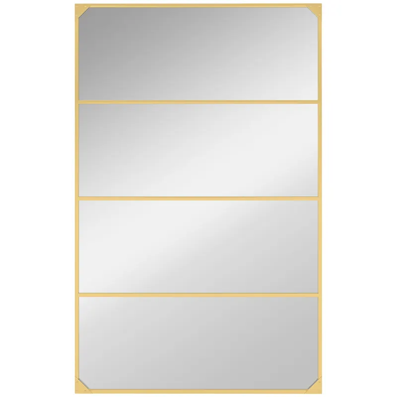 HOMCOM Oglindă de perete tip verrière, dreptunghiulară, stil industrial, montaj orizontal sau vertical cu 4 cârlige, din metal auriu 109 x 69 cm | Romania