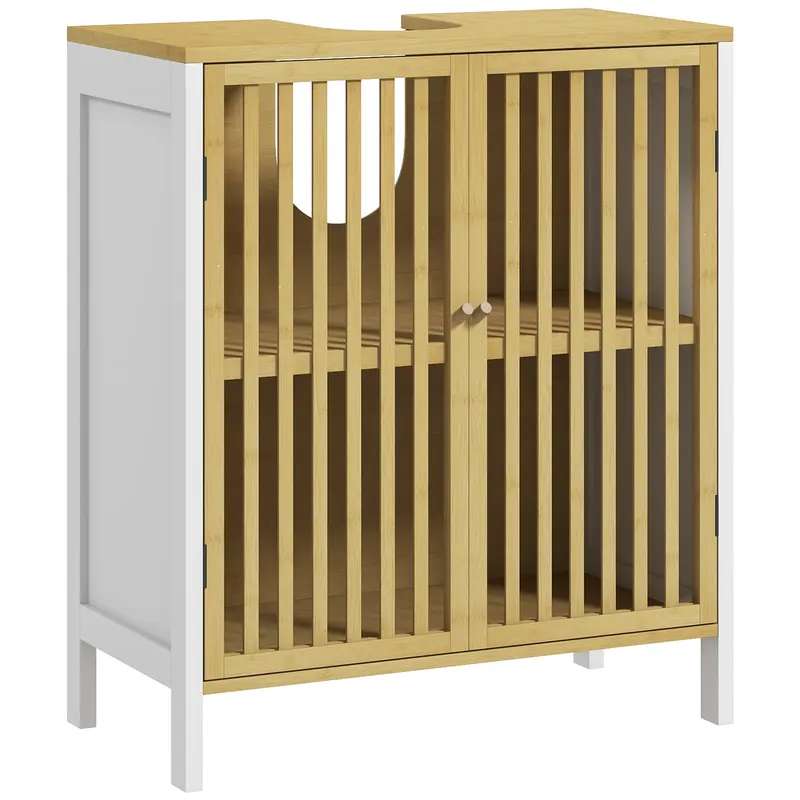 HOMCOM Dulap sub lavoar 2 uși cu raft reglabil dulap de depozitare pentru lavoar 60 x 30 x 70 cm MDF și bambus | Romania