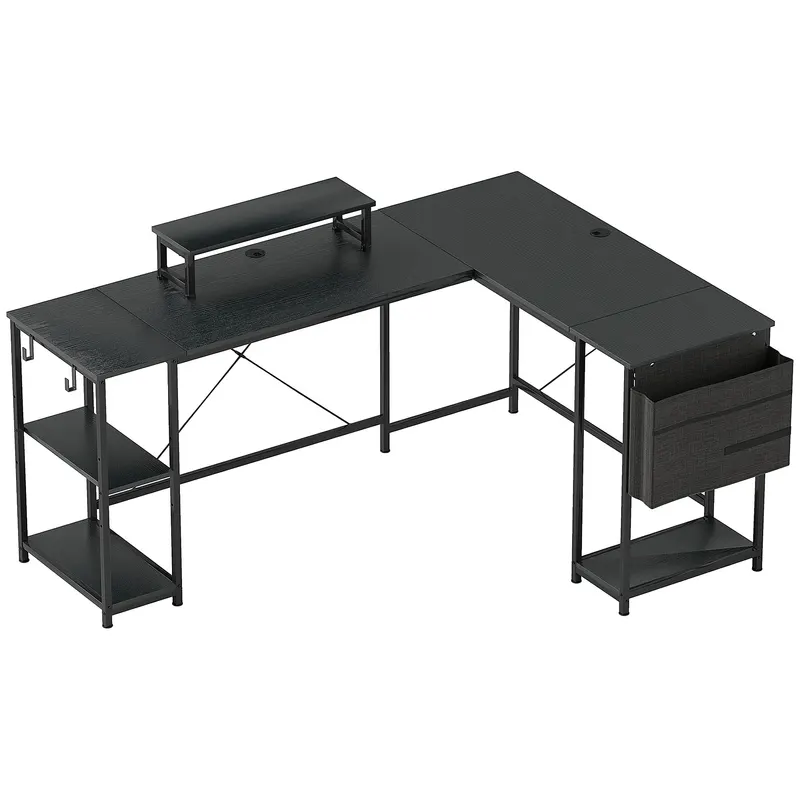 HOMCOM Birou de colț modular reversibil 168-240 cm stil industrial - raft reglabil, pungă de depozitare, suport pentru ecran | Romania