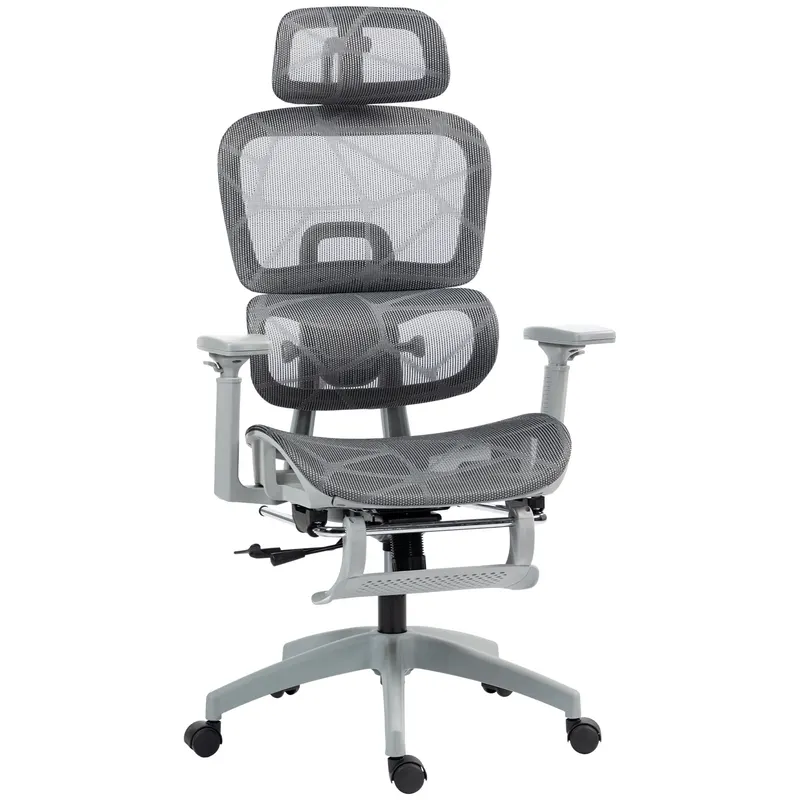 HOMCOM Fotoliu de birou, scaun ergonomic din plasă cu cotiere 3D, spătar rabatabil, 66x64x122 cm, gri | Romania