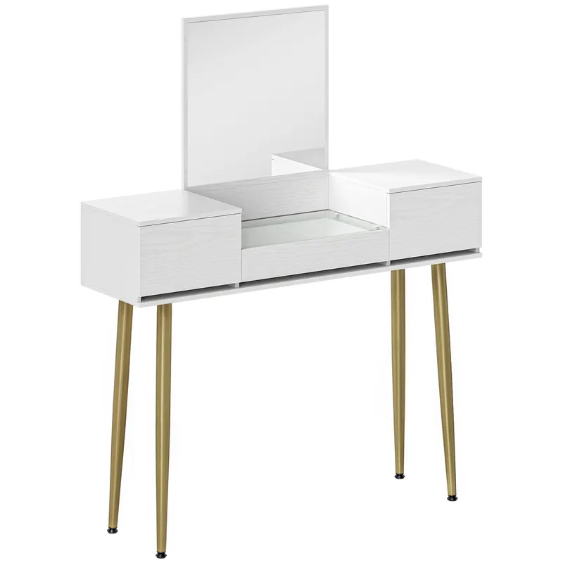 HOMCOM Masă de toaletă elegantă cu oglindă pătrată și sertare organizatoare 105,5x30x130,5 cm Alb și Auriu | Romania