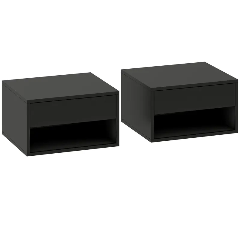 HOMCOM Set de 2 noptieri montate pe perete, sertar, compartiment deschis, blat, 37 x 32 x 21 cm, negru | Romania