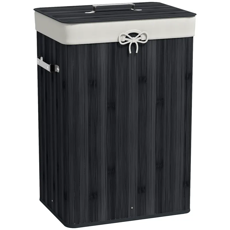 HOMCOM Coș de rufe, cutie rufe, colector de rufe cu capac, sac din pânză, bambus, pliabil, 72L, Negru 40 x 30 x 60 cm | Romania