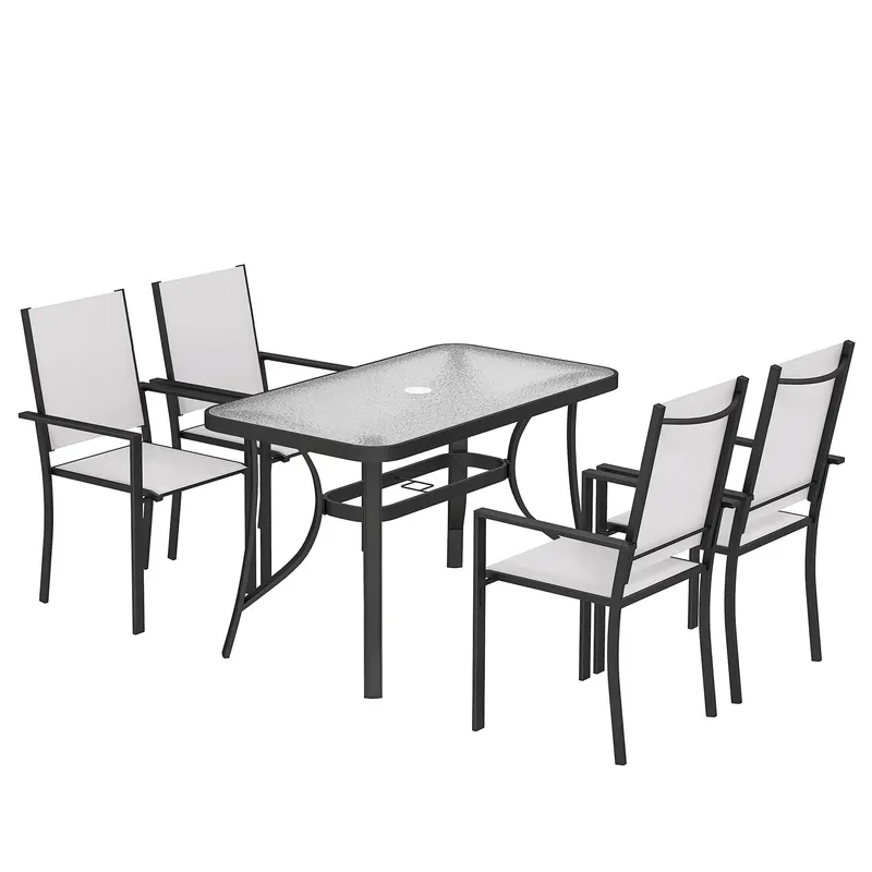 Outsunny Set de Prânz Grădină cu Orificiu pentru Umbrelă, Masă, Scaune pentru 4, Gri Deschis | Romania