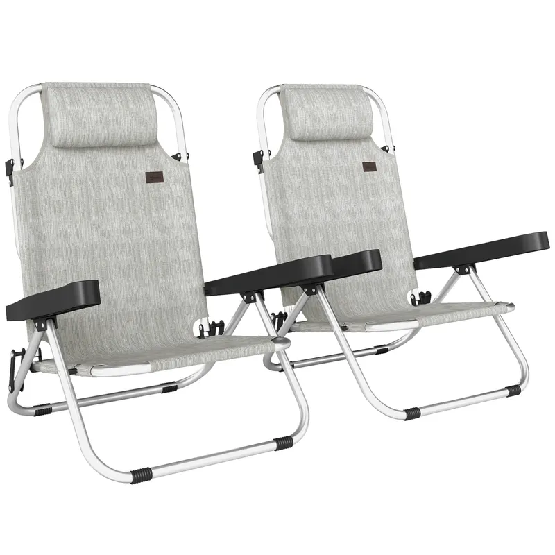 Set Outsunny 2 Șezlonguri Pliabile și Reclinabile pe 4 Poziții cu Suport pentru Cap, din Aluminiu, 62x61x80 cm, Gri | Romania