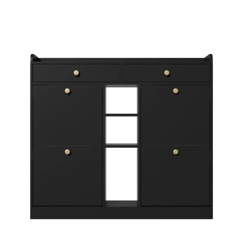 Dulap pentru pantofi cu 4 uși rabatabile, 2 sertare și 3 compartimente deschise, 110x26x100 cm, Negru