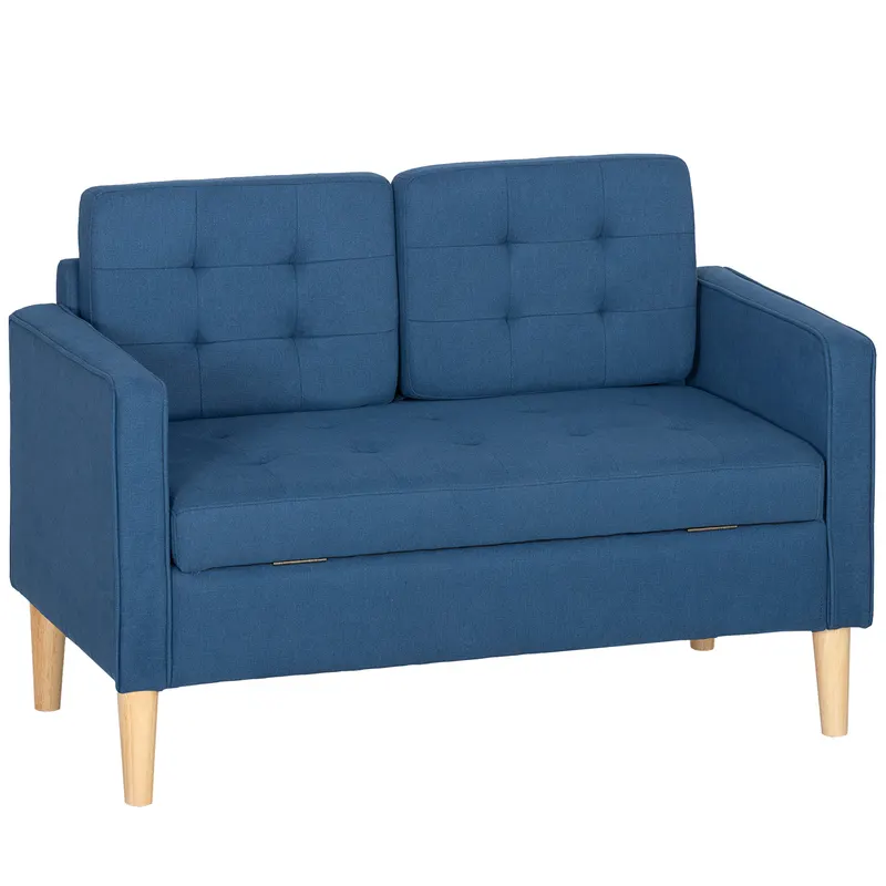 HOMCOM Canapea cu două locuri cu depozitare, capitonare cu nasturi, perne, lemn de cauciuc, 117x62x78cm, Albastru | Romania