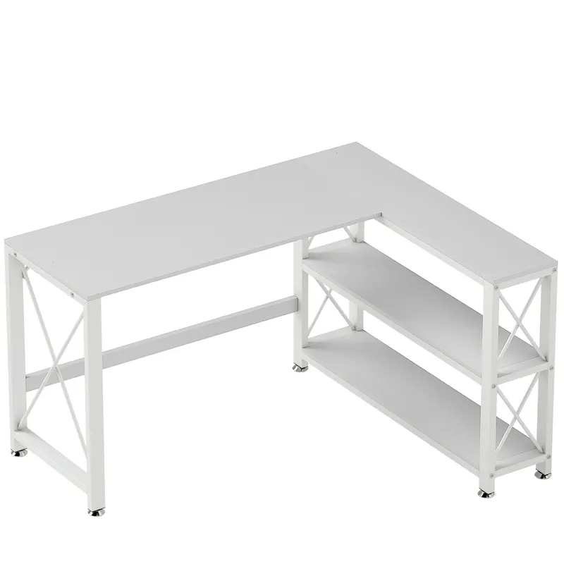 HOMCOM Birou de colț modular reversibil, birou cu depozitare, raft, cadru metalic, 135x110x75cm, alb | Romania