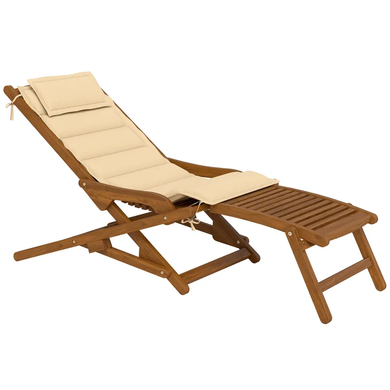 Outsunny Șezlong/Scaun Pliabil din Lemn cu Suport pentru Picioare Detașabil și Pernă cu Suport pentru Cap Capacitate 160 kg 158x61x70 cm Bej | Romania