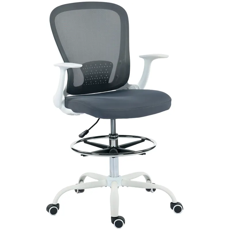 HOMCOM Scaun de birou ergonomic cu suport pentru picioare reglabil și brațe rabatabile, înălțime reglabilă, 59x62x99-119cm, gri | Romania