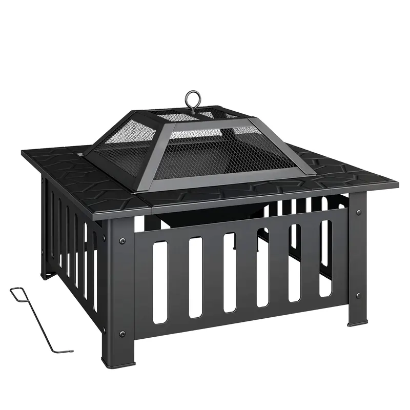 Outsunny Focar Exterior Pătrat din Oțel 67x67x47 cm Focar de Grădină cu Atizor Capacul din Plasă pentru Petreceri Negru | Romania