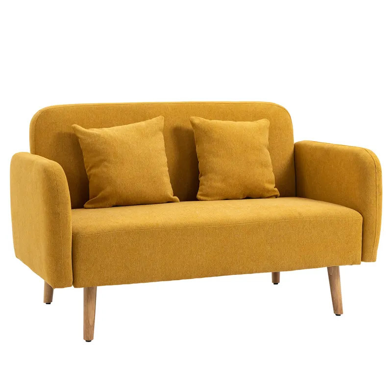 HOMCOM Canapea 2 locuri cu 2 perne decorative, loveseat mic din catifea, canapea tapițată modernă pentru living, dormitor, spațiu mic, Galben 130 x 70 x 80 cm | Romania