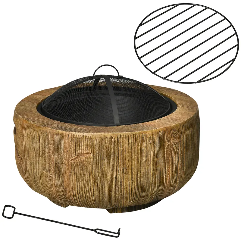 Outsunny Tăviță de foc în design ciot de copac, plasă anti-scântei, grilă pentru cărbune, cârjă, Ø61,5 x 39 cm | Romania