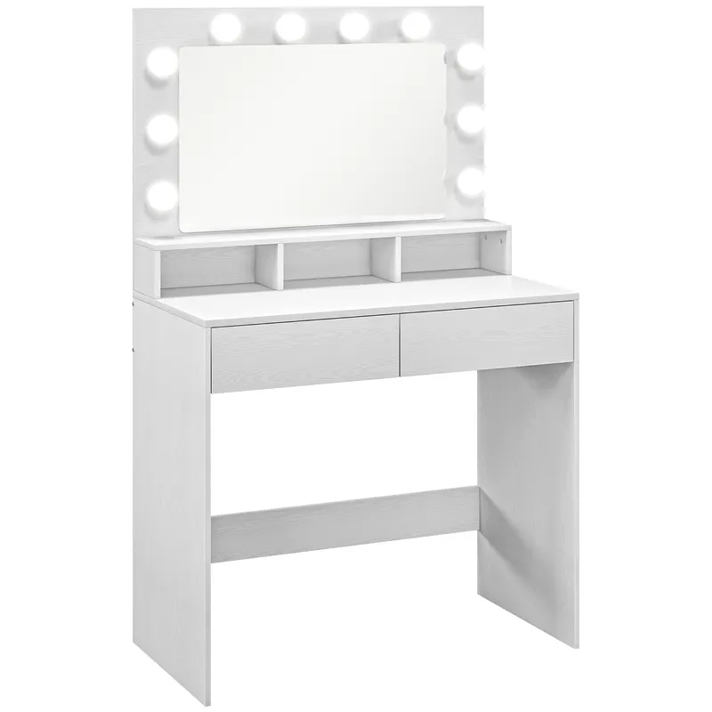 HOMCOM Masă de toaletă cu oglindă iluminată, sertare, 3 opțiuni de lumină, 10 becuri, masă de machiaj modernă în alb | Romania