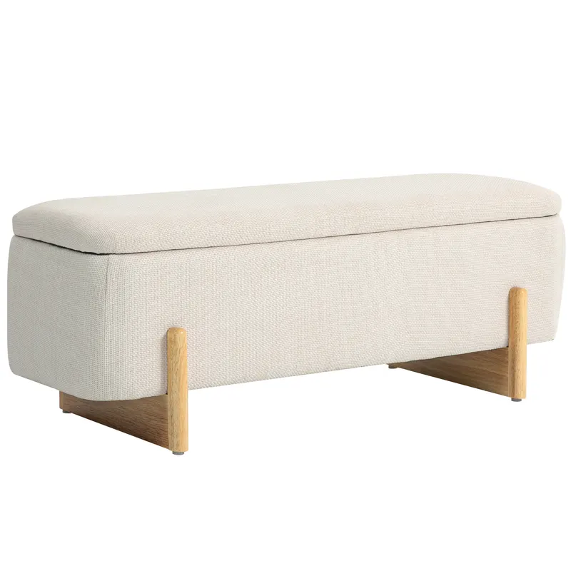 HOMCOM Taburet cu spațiu de depozitare, bancă cu tapițerie din spumă, imitație de in, 111 x 44 x 44,5 cm, crem | Romania