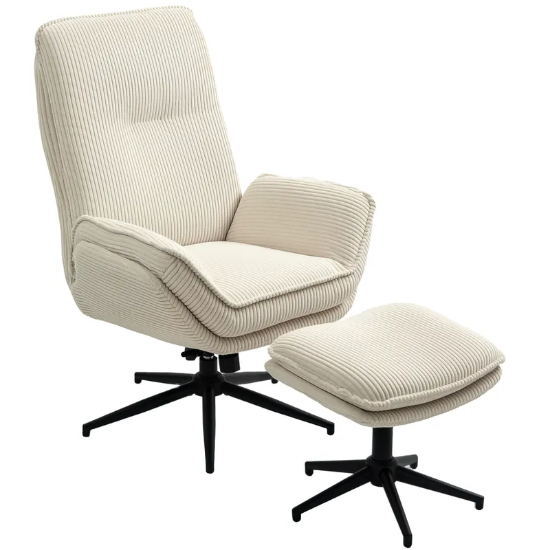HOMCOM Fotoliu tapițat rotativ cu taburet, fotoliu recliner modern pentru living, dormitor, birou de acasă, Bej | Romania
