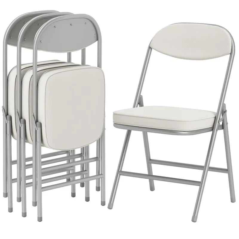 HOMCOM Set de 4 scaune pliante căptușite, Scaune pliante cu material catifea, spătar, cadru metalic, crem | Romania