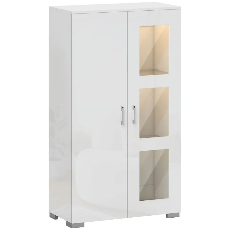 HOMCOM Bufet cu LED RGB 16 culori și telecomandă, finisaj lucios, uși vitrate, rafturi din sticlă, 71x35x126 cm, alb | Romania