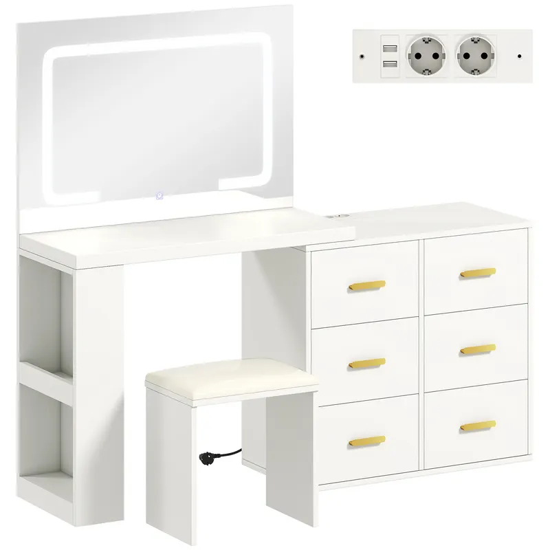 HOMCOM Toaletă cu oglindă și taburet, masă de machiaj cu iluminare LED reglabilă, 6 sertare, 118 x 78 x 135 cm, alb | Romania