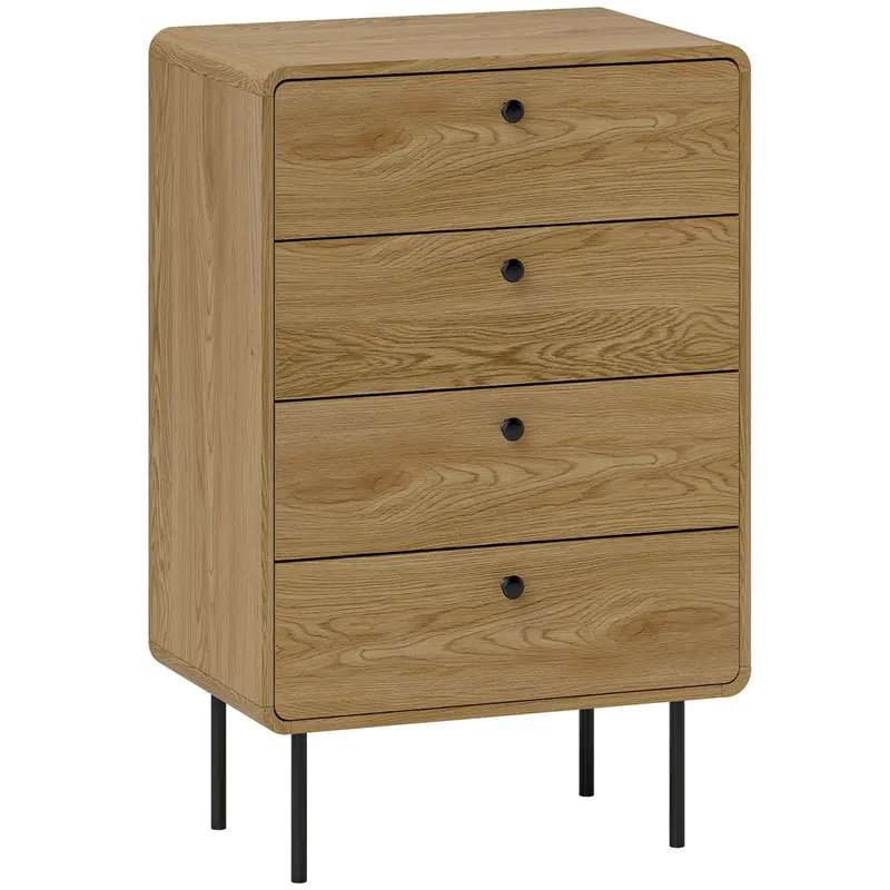 HOMCOM Comodă 4 sertare, mobilier de depozitare îngust cu picioare din oțel, colțuri rotunjite, 60 x 39 x 91,5 cm, stejar | Romania