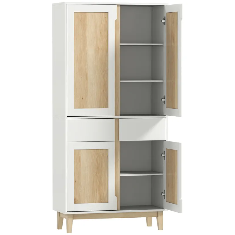 HOMCOM Bufet înalt de bucătărie, dulap de bucătărie cu 4 uși, 2 sertare și rafturi reglabile, 80x35x170cm, alb și stejar | Romania