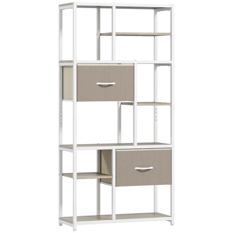 HOMCOM Etajeră de depozitare 6 niveluri, bibliotecă cu 2 sertare din țesătură, 9 rafturi deschise, 72,5 x 30 x 150 cm, alb | Romania