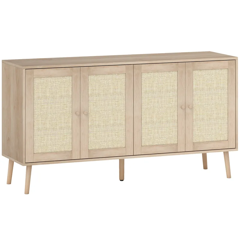 HOMCOM Bufet pentru living, mobilier de depozitare cu uși cu împletitură (cannage) și poliță reglabilă 140 x 40 x 75 cm, aspect lemn natural | Romania