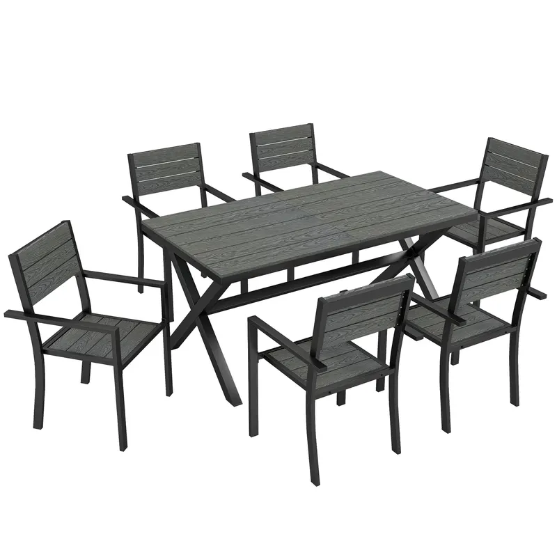 Outsunny Set de Masă pentru Exterior 7 Piese pentru 6 Persoane, Masă și Scaune Stivuite cu Lamele Efect Lemn, Cadru din Aluminiu, Gri | Romania