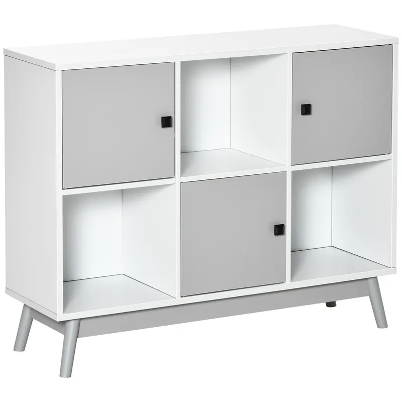 HOMCOM Bufet, mobilier de depozitare cu 3 uși și 3 compartimente deschise, picioare din lemn de pin, 96x30x75cm, alb și gri | Romania